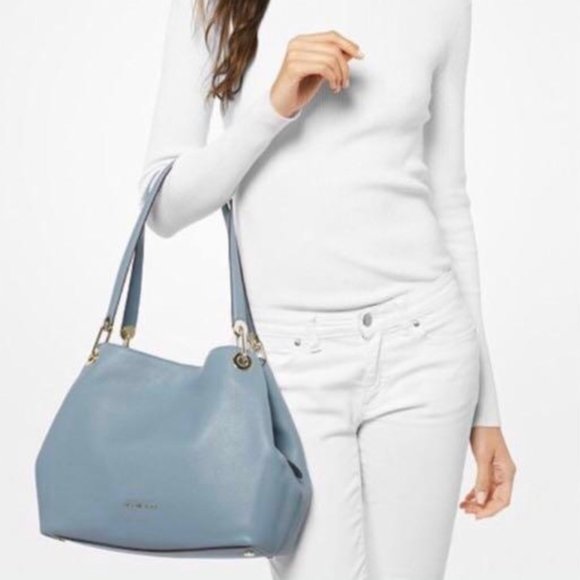 Michael Kors Raven Large Dusty Blue Pebbled Leather Shoulder Bag Gold Hardware - Picture 1 of 16